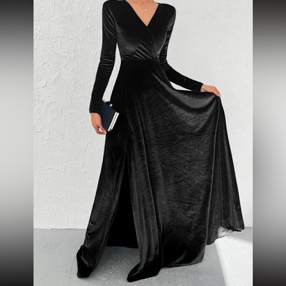 Luxe slit thigh long sleeve party formal evening prom wedding gown dress - Picture 7 of 16